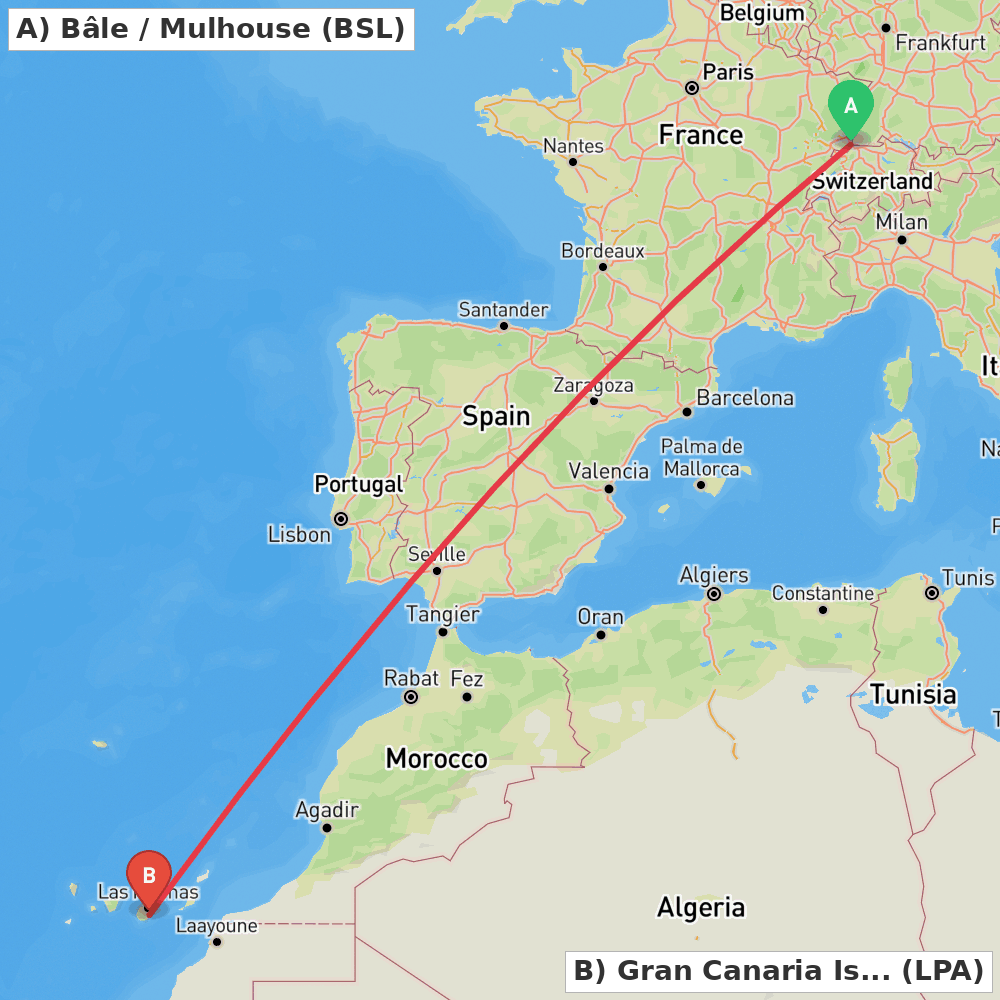 Flight route map from Bâle / Mulhouse to Gran Canaria Island