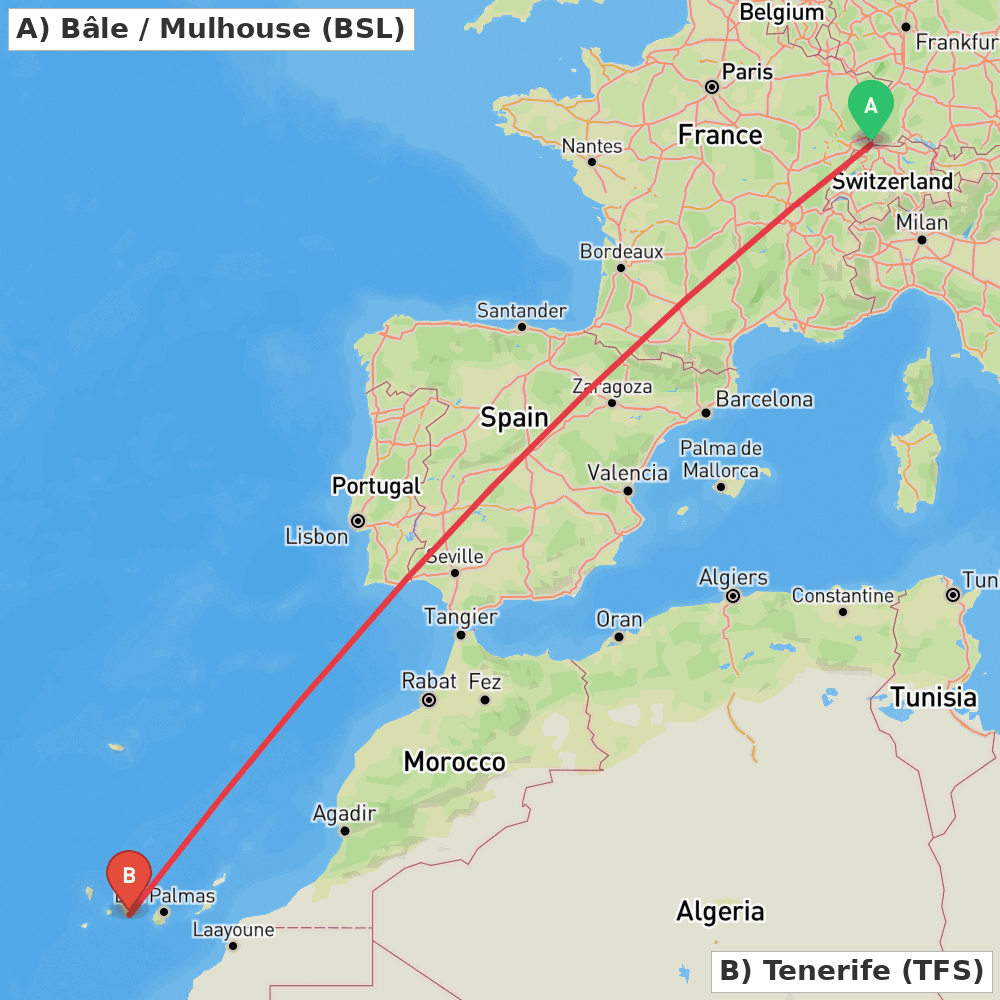Flight route map from Bâle / Mulhouse to Tenerife