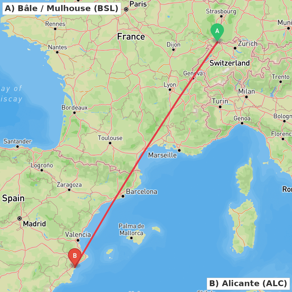 Flight route map from Bâle / Mulhouse to Alicante