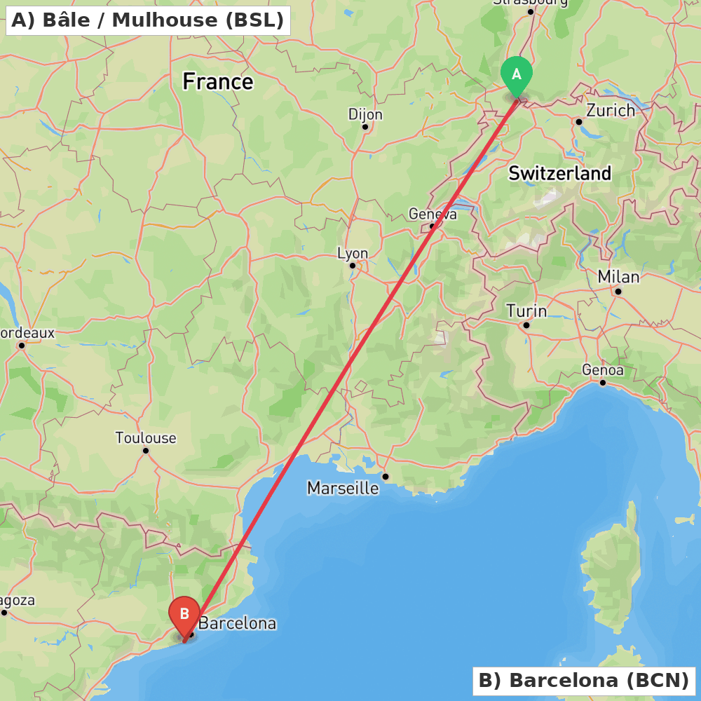 Flight route map from Bâle / Mulhouse to Barcelona