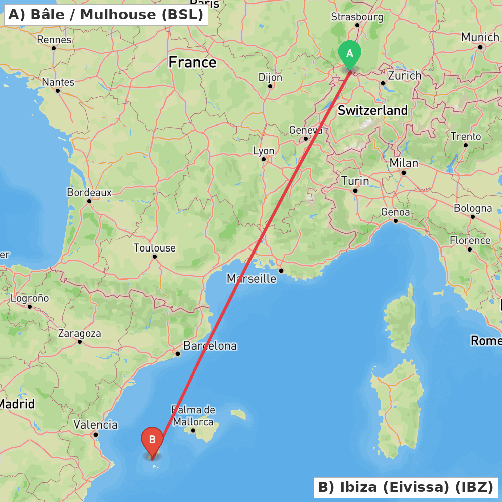 Flight route map from Bâle / Mulhouse to Ibiza (Eivissa)