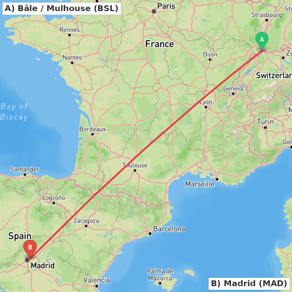 Flight route map from Bâle / Mulhouse to Madrid