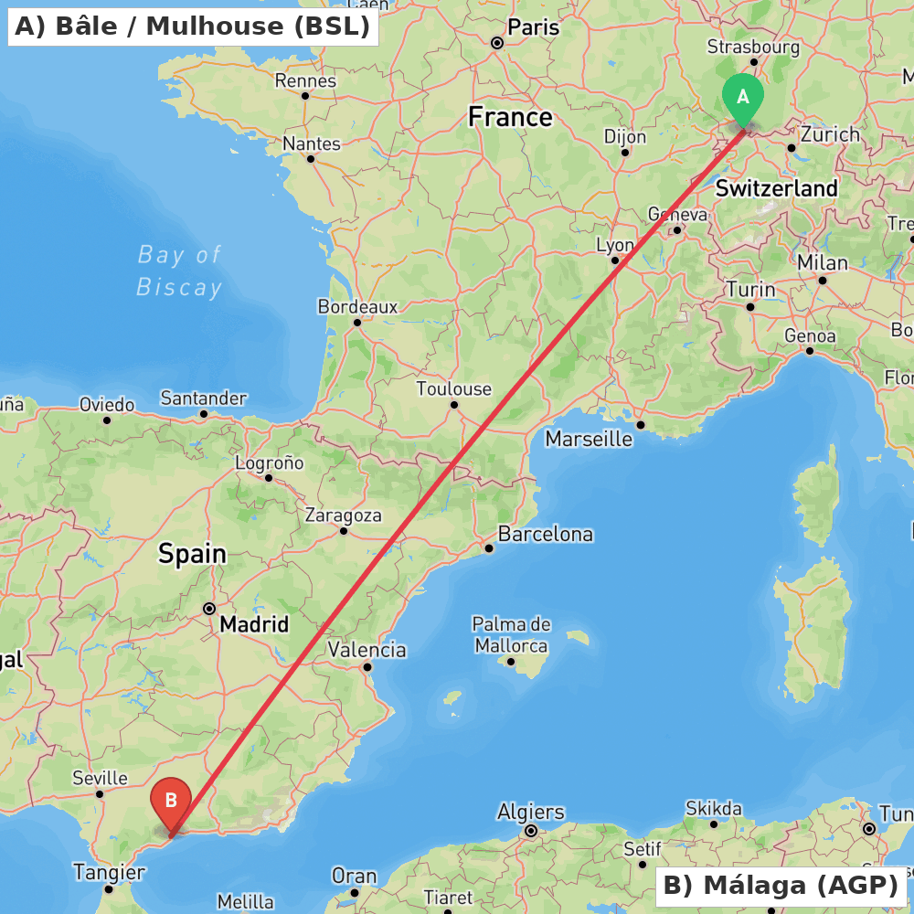 Flight route map from Bâle / Mulhouse to Málaga
