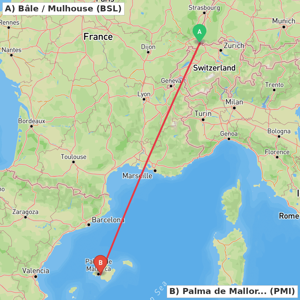 Flight route map from Bâle / Mulhouse to Palma de Mallorca