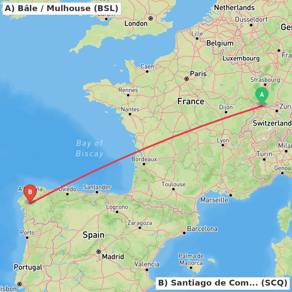Flight route map from Bâle / Mulhouse to Santiago de Compostela