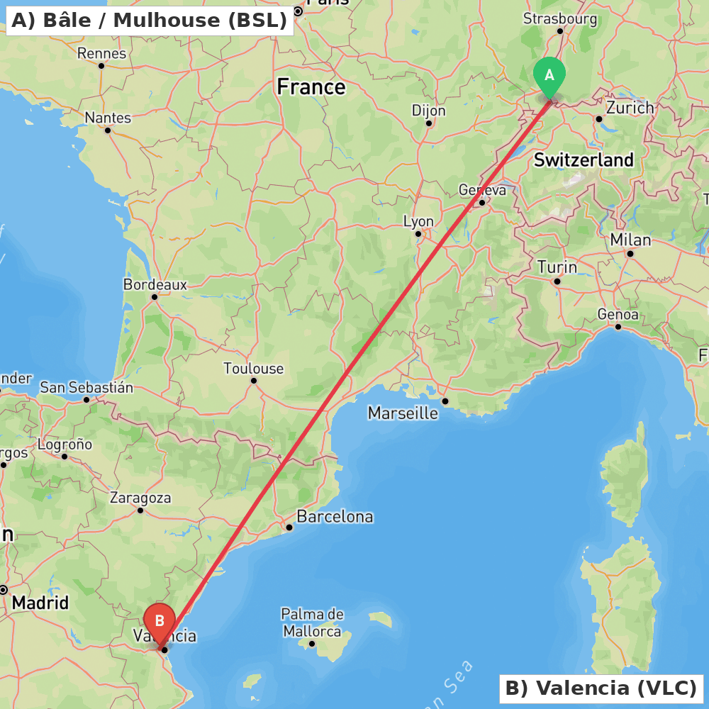 Flight route map from Bâle / Mulhouse to Valencia