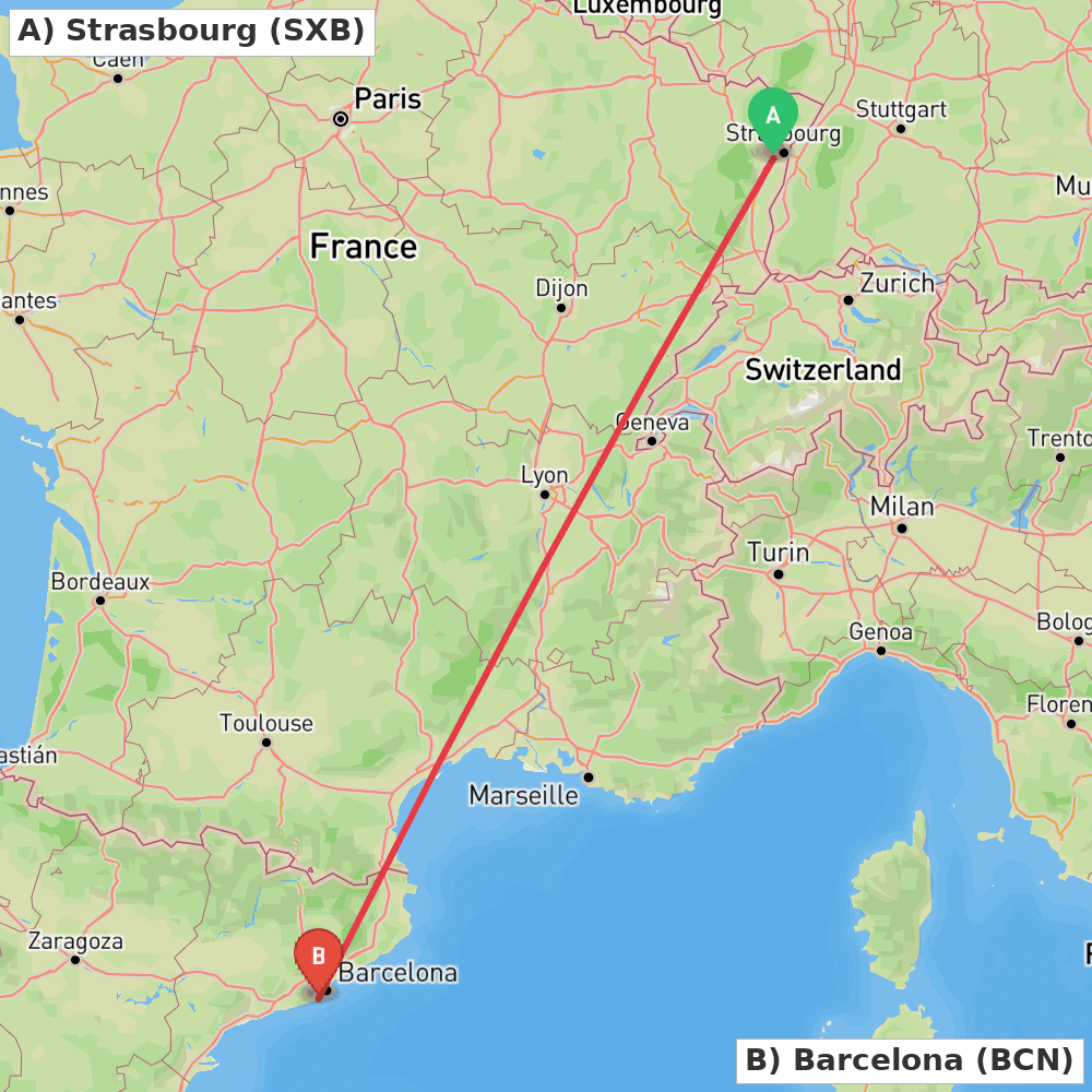 Flight route map from Strasbourg to Barcelona