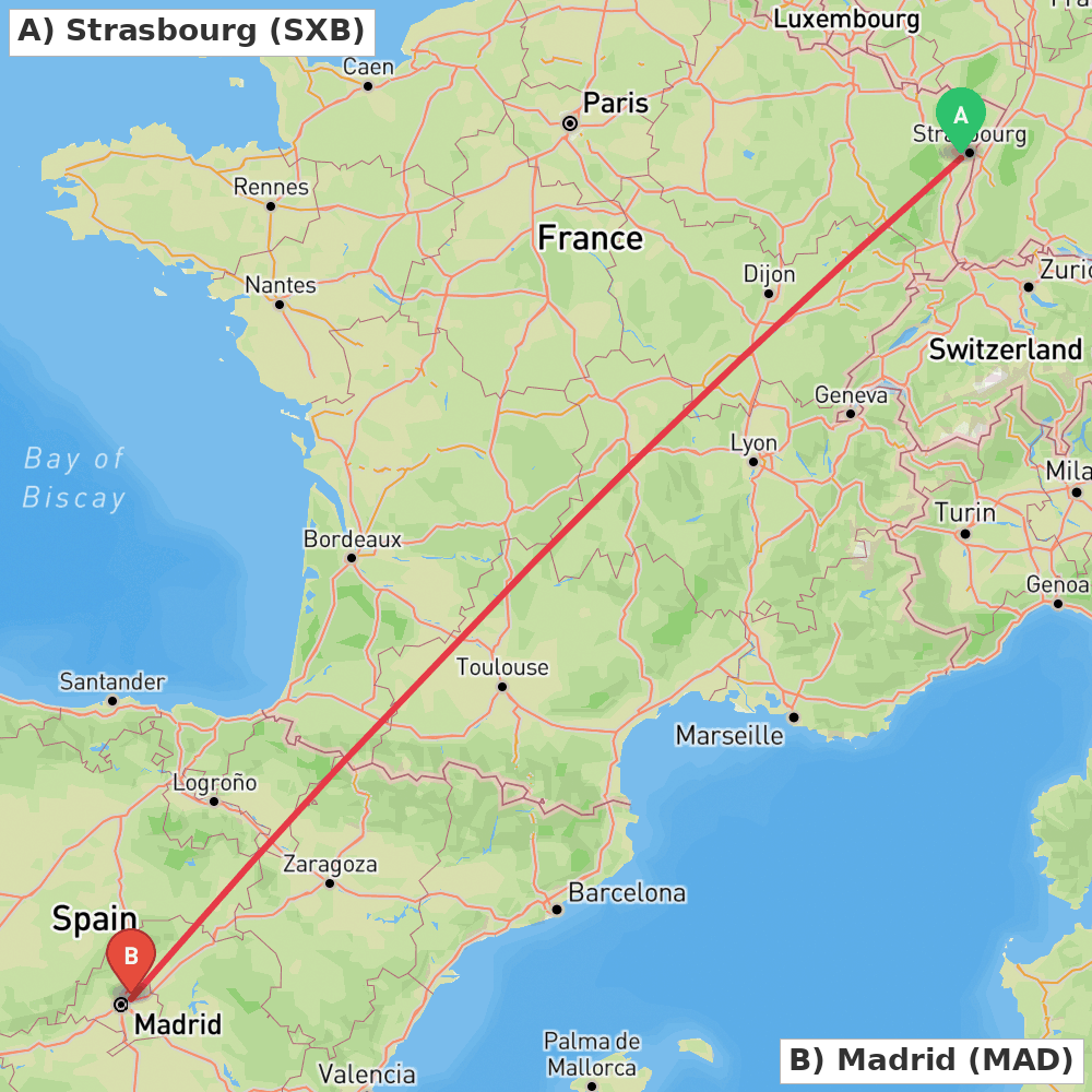 Flight route map from Strasbourg to Madrid