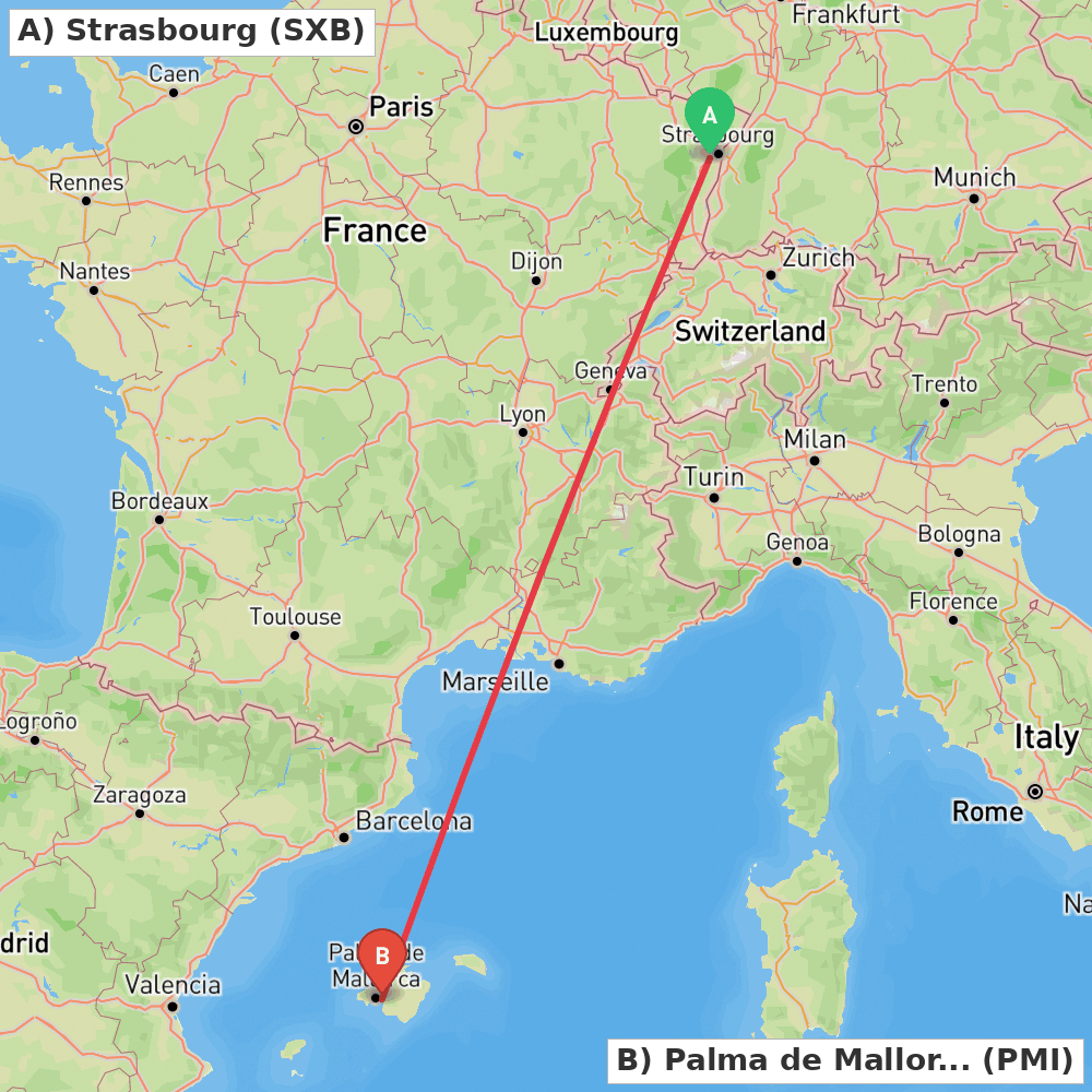 Flight route map from Strasbourg to Palma de Mallorca