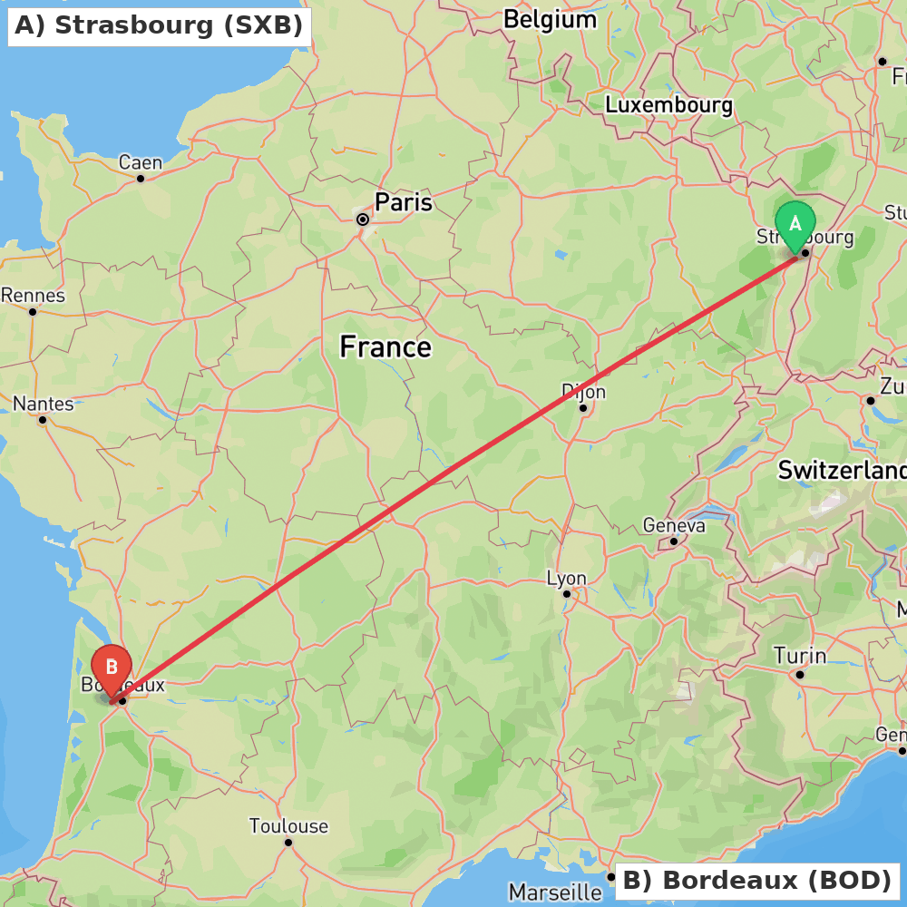 Flight route map from Strasbourg to Bordeaux