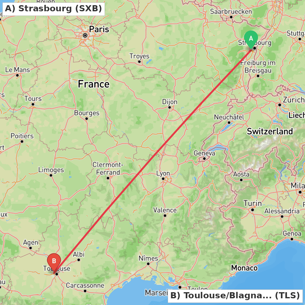 Flight route map from Strasbourg to Toulouse/Blagnac