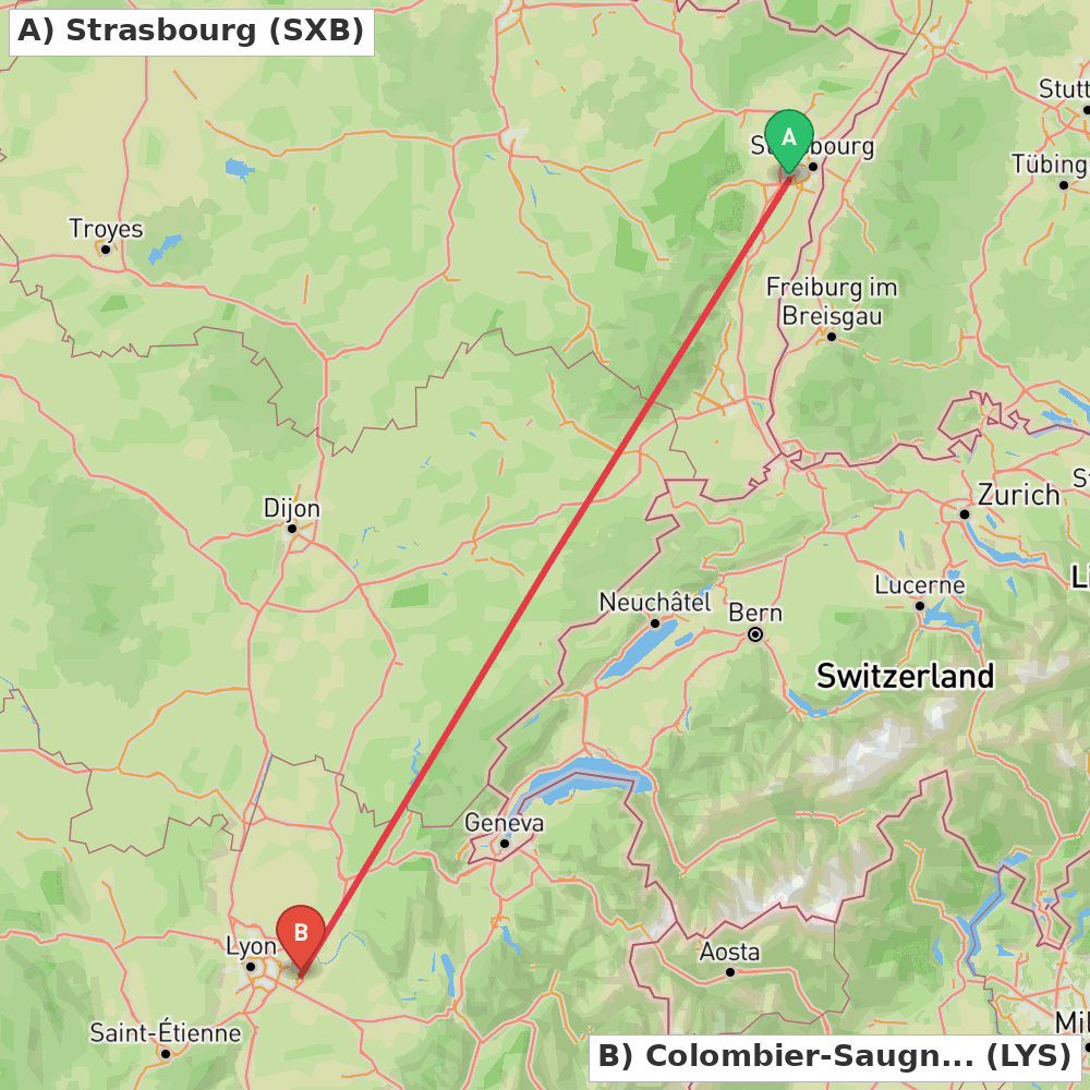 Flight route map from Strasbourg to Colombier-Saugnieu, Rhône