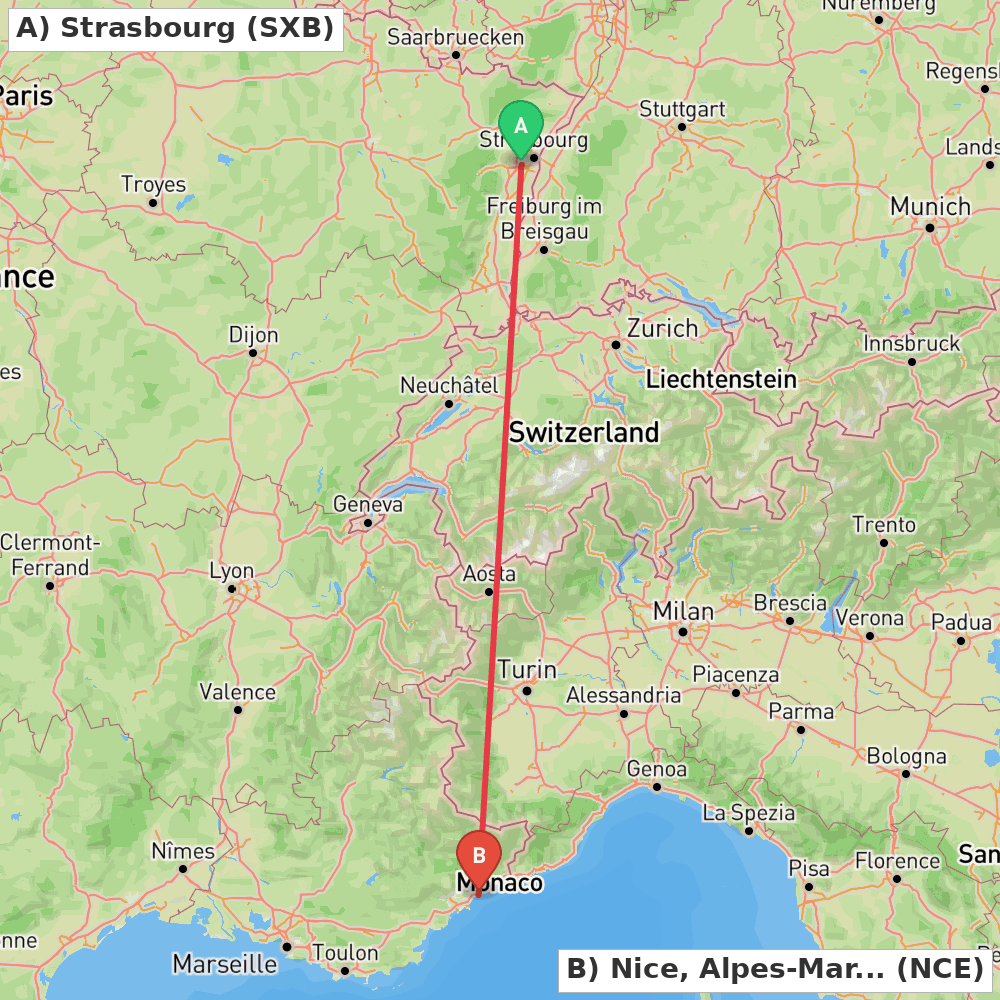 Flight route map from Strasbourg to Nice, Alpes-Maritimes