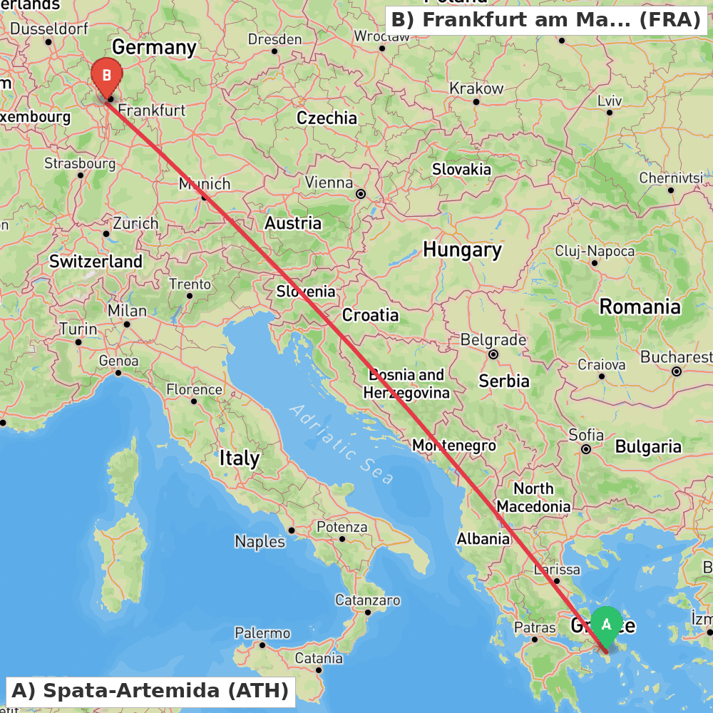 Flight route map from Spata-Artemida to Frankfurt am Main