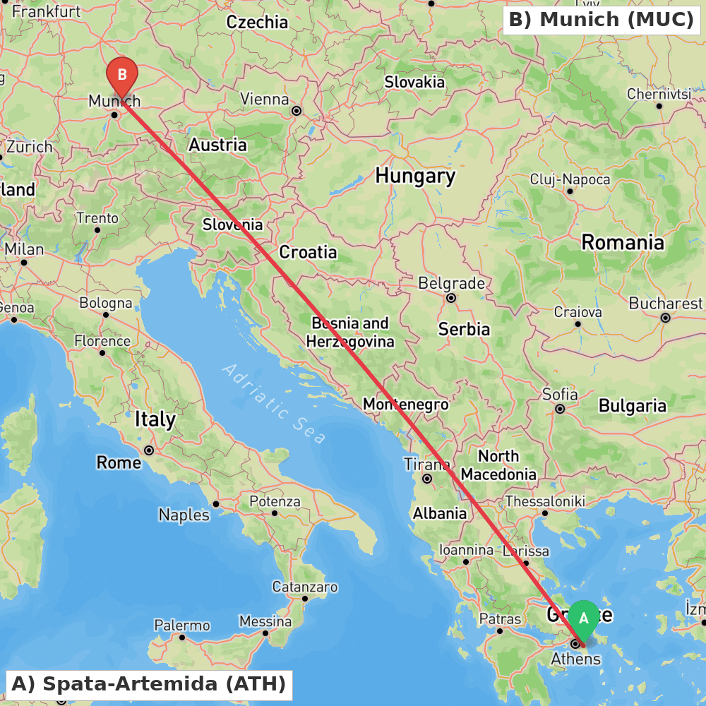Flight route map from Spata-Artemida to Munich