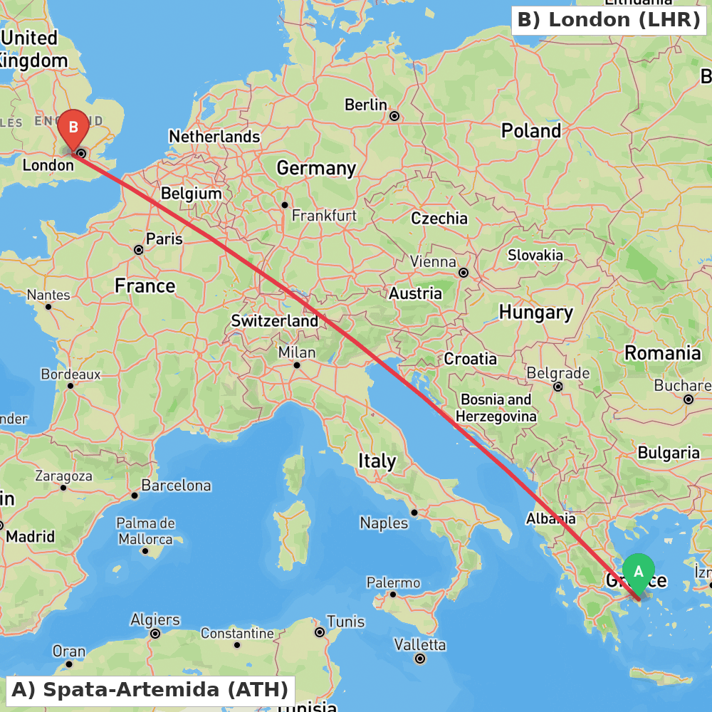 Flight route map from Spata-Artemida to London