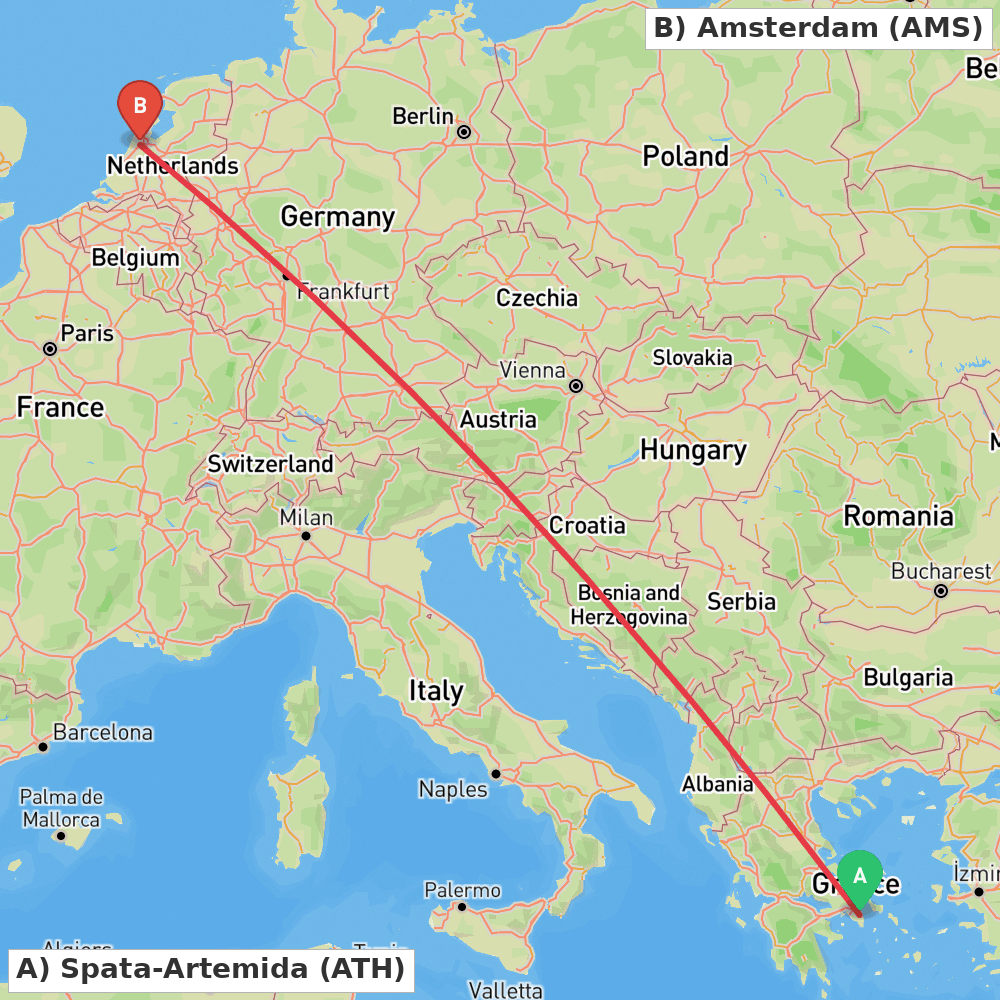 Flight route map from Spata-Artemida to Amsterdam