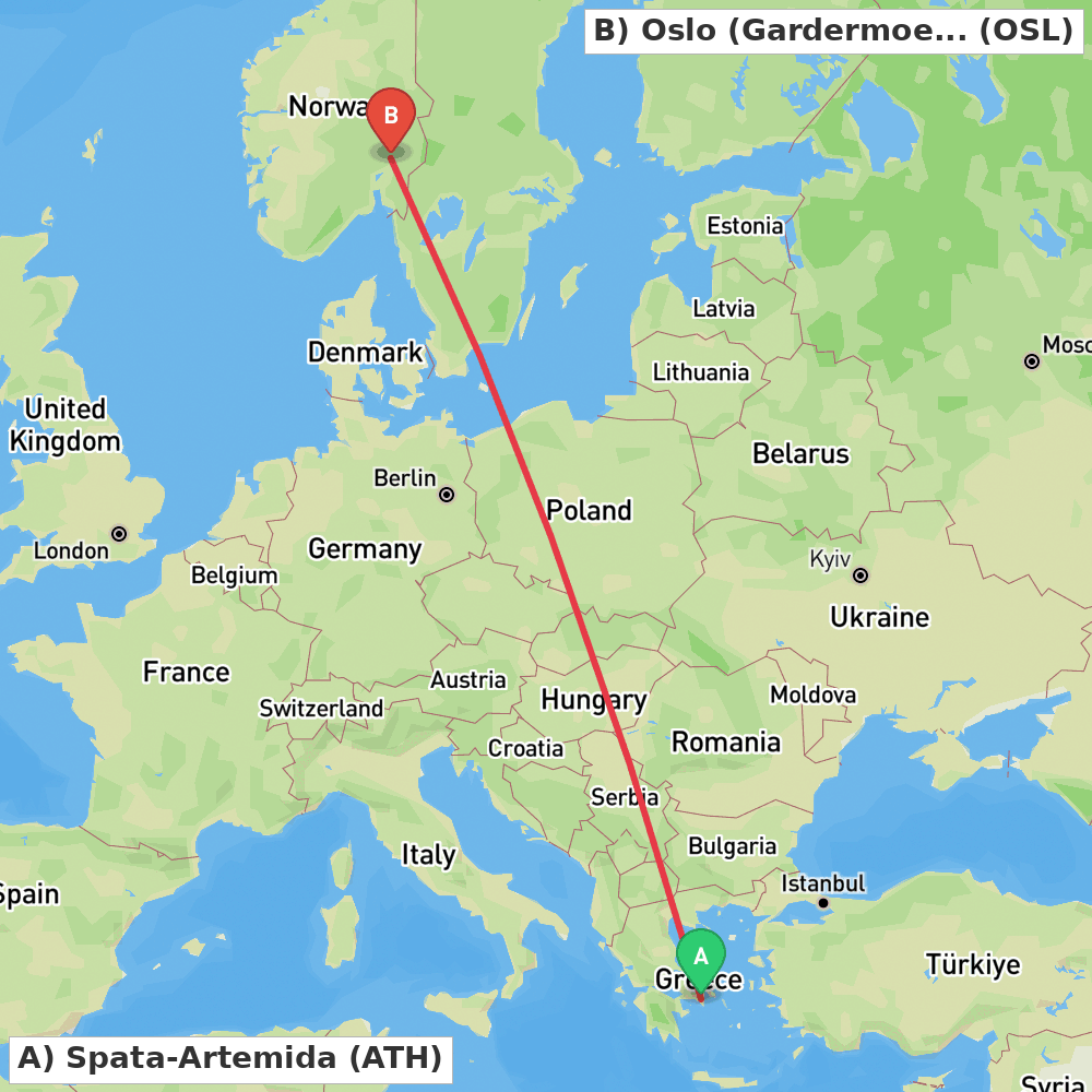 Flight route map from Spata-Artemida to Oslo (Gardermoen)