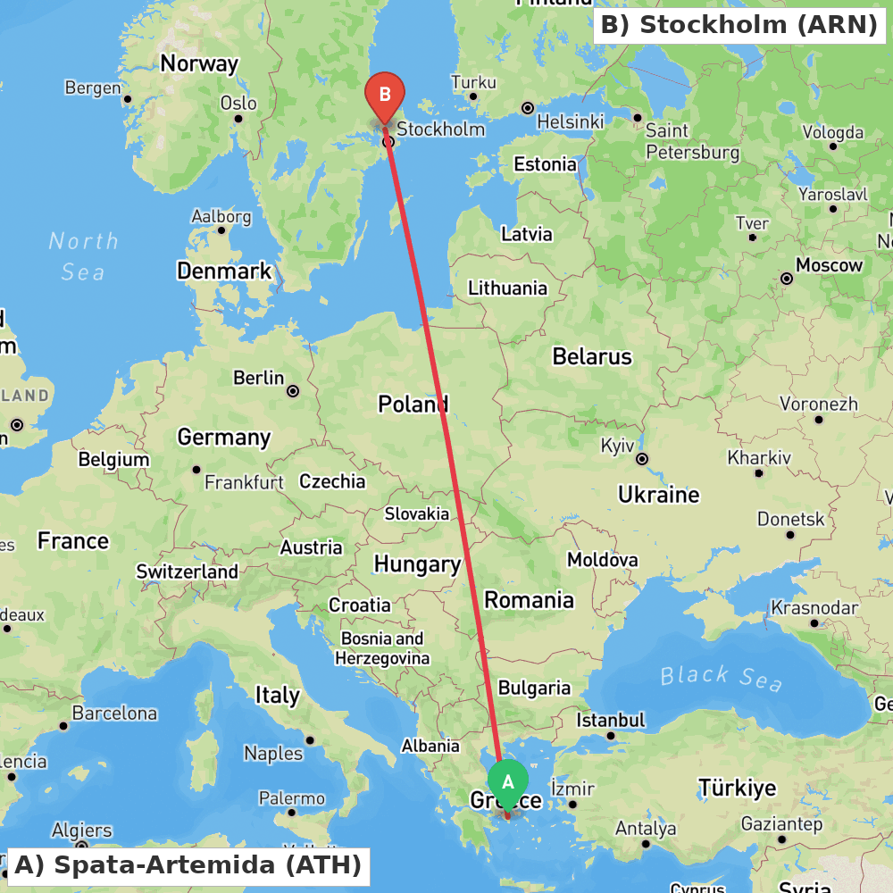 Flight route map from Spata-Artemida to Stockholm
