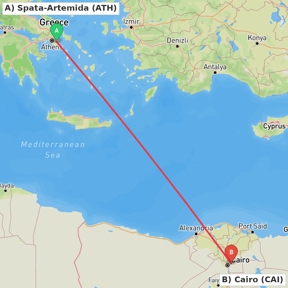 Flight route map from Spata-Artemida to Cairo
