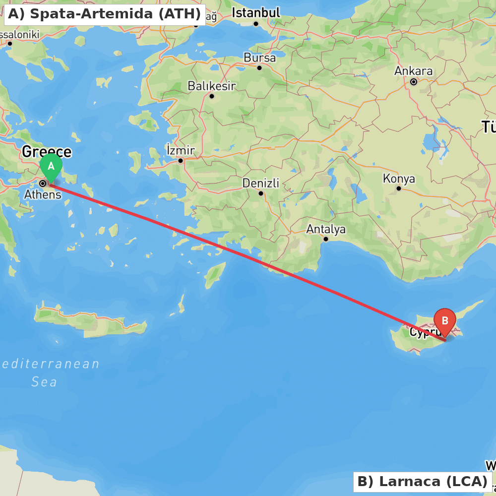 Flight route map from Spata-Artemida to Larnaca