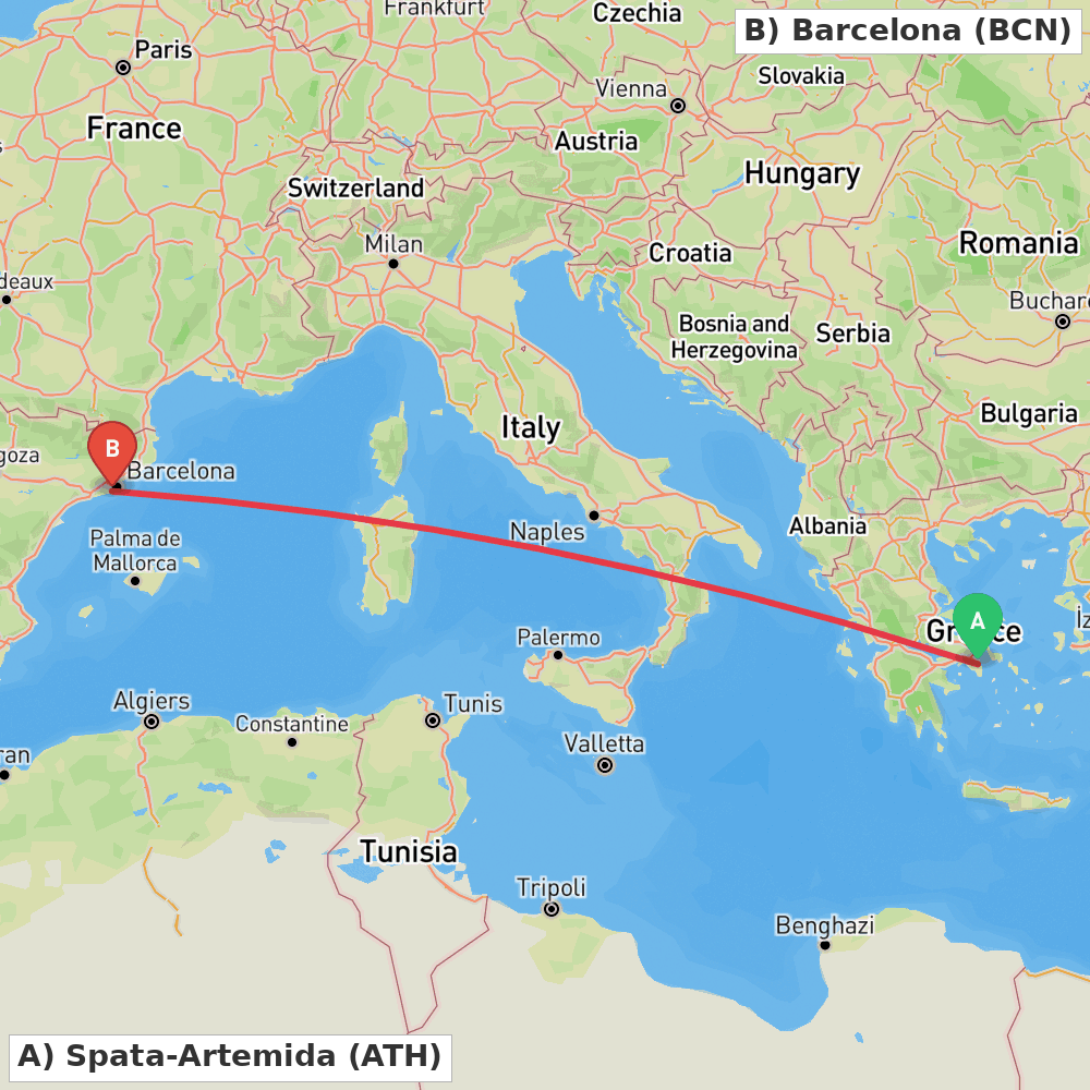 Flight route map from Spata-Artemida to Barcelona