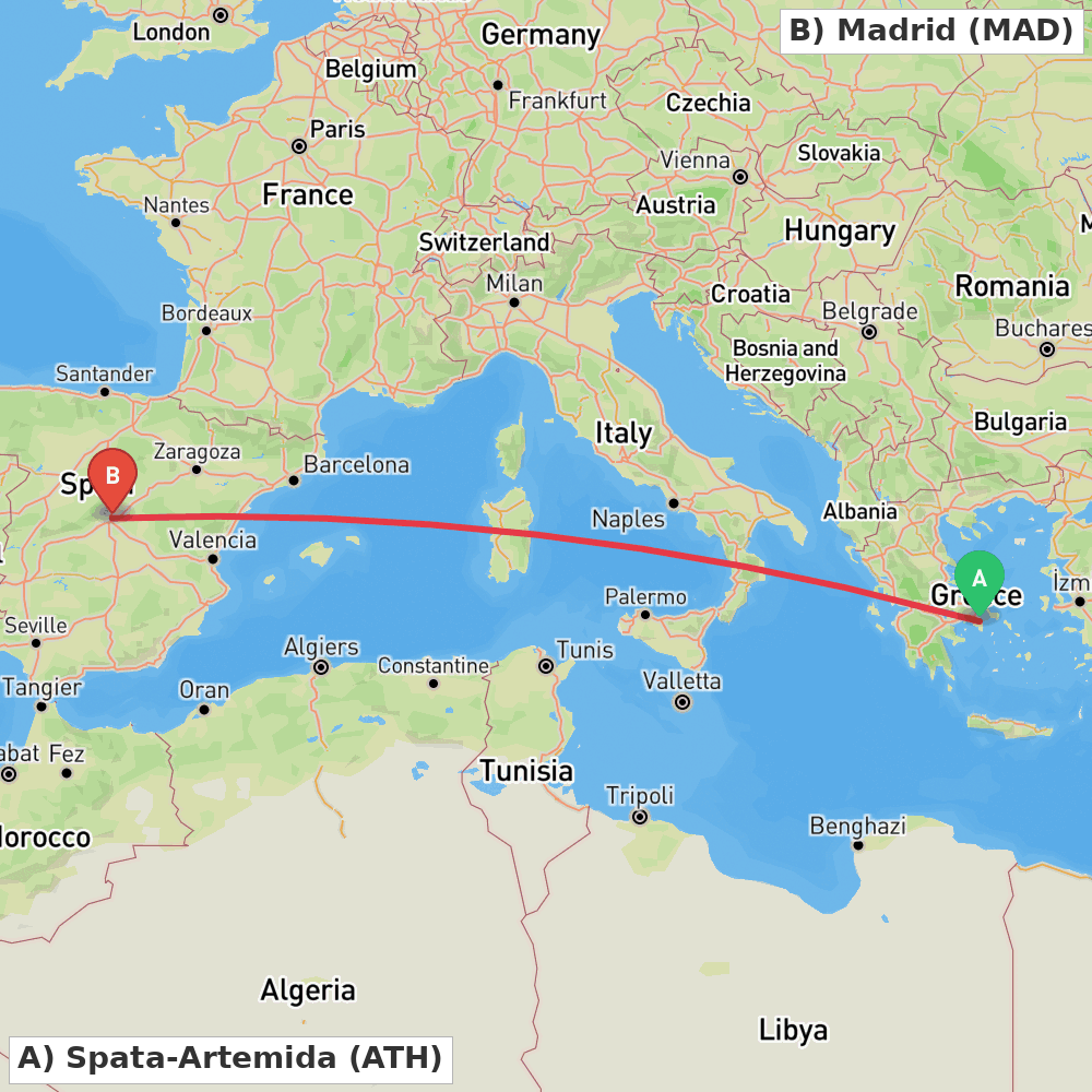 Flight route map from Spata-Artemida to Madrid