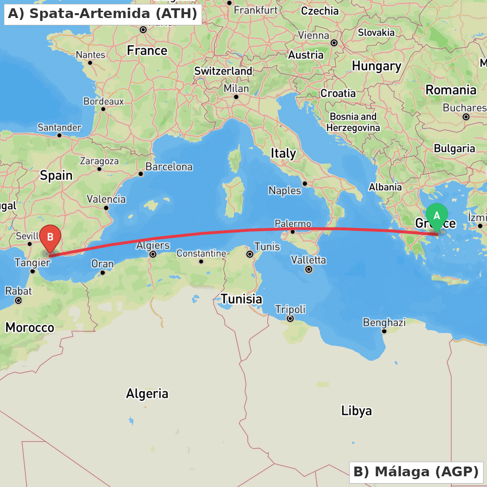 Flight route map from Spata-Artemida to Málaga