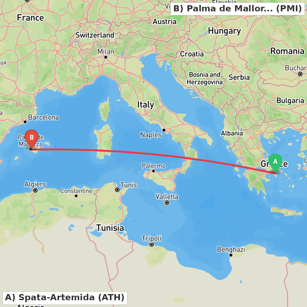 Flight route map from Spata-Artemida to Palma de Mallorca