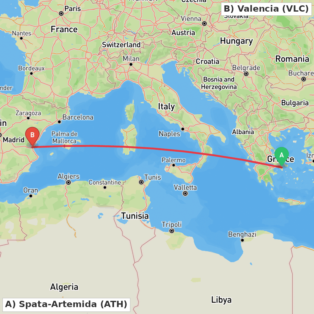 Flight route map from Spata-Artemida to Valencia
