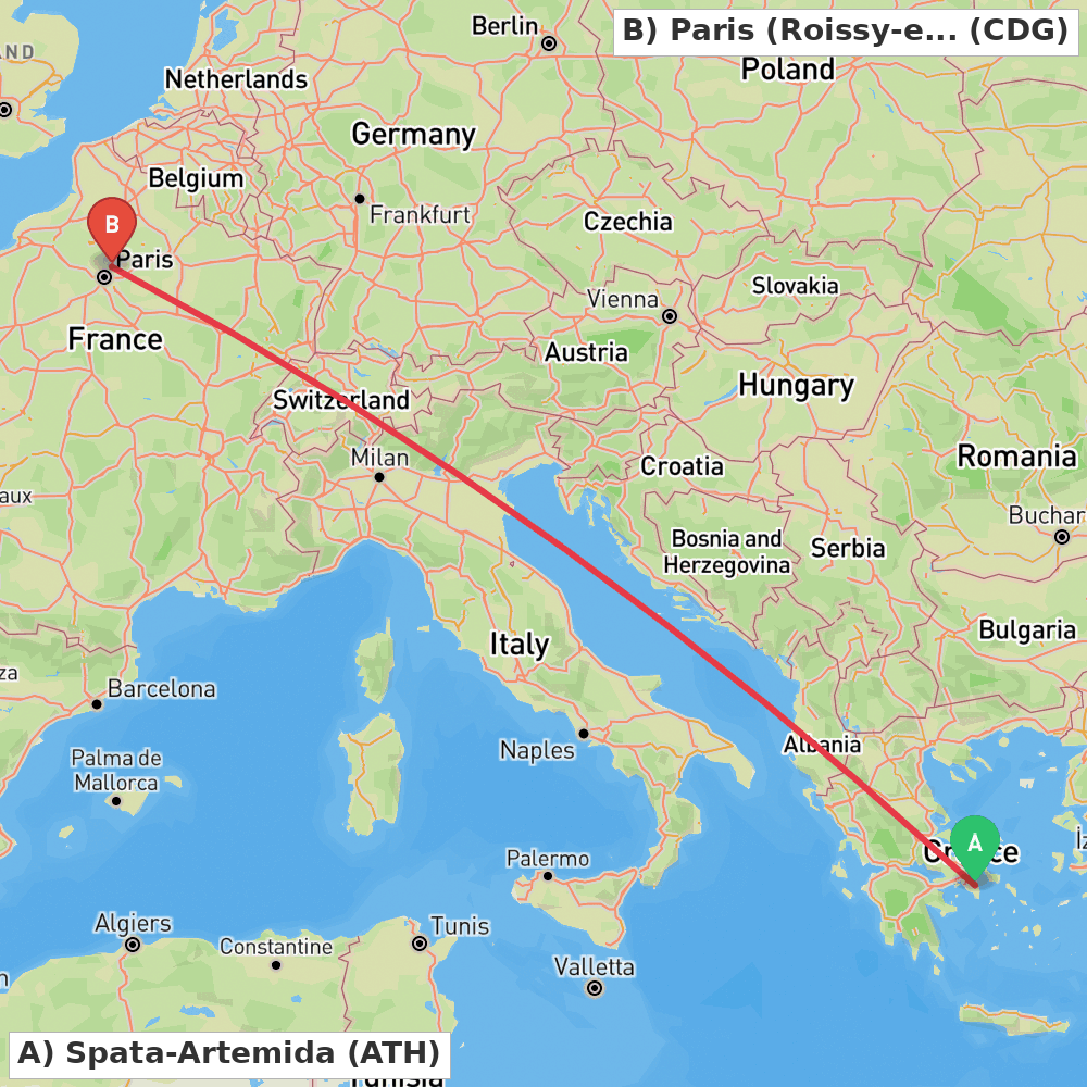Flight route map from Spata-Artemida to Paris (Roissy-en-France, Val-d'Oise)