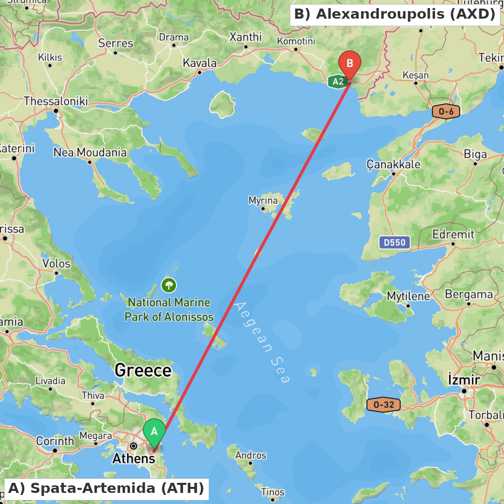 Flight route map from Spata-Artemida to Alexandroupolis