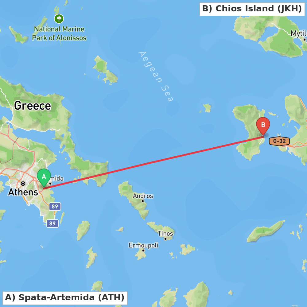 Flight route map from Spata-Artemida to Chios Island