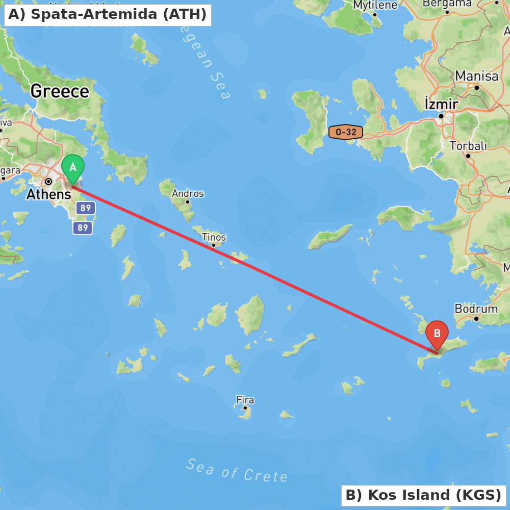 Flight route map from Spata-Artemida to Kos Island