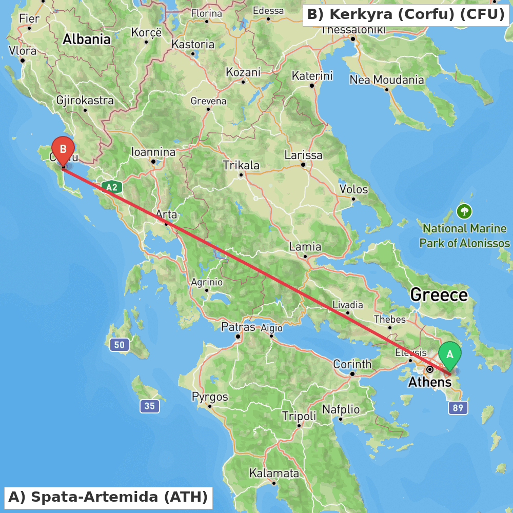 Flight route map from Spata-Artemida to Kerkyra (Corfu)