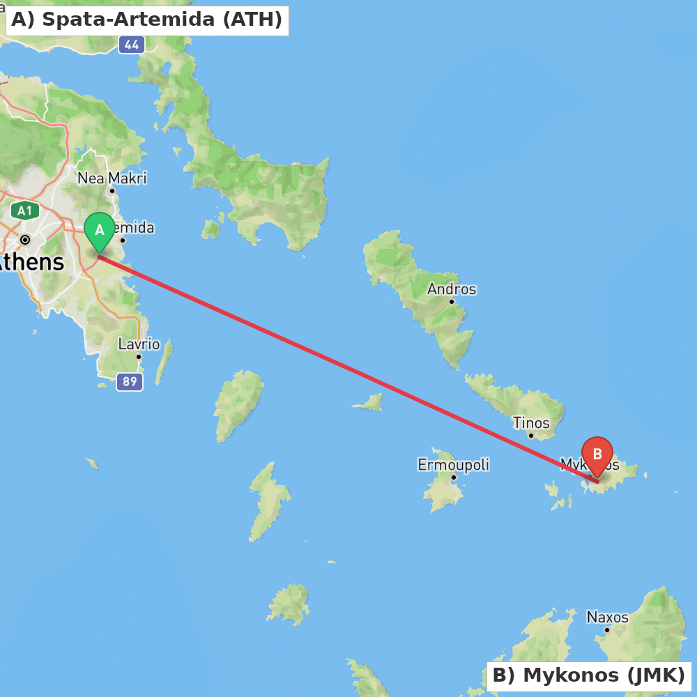 Flight route map from Spata-Artemida to Mykonos