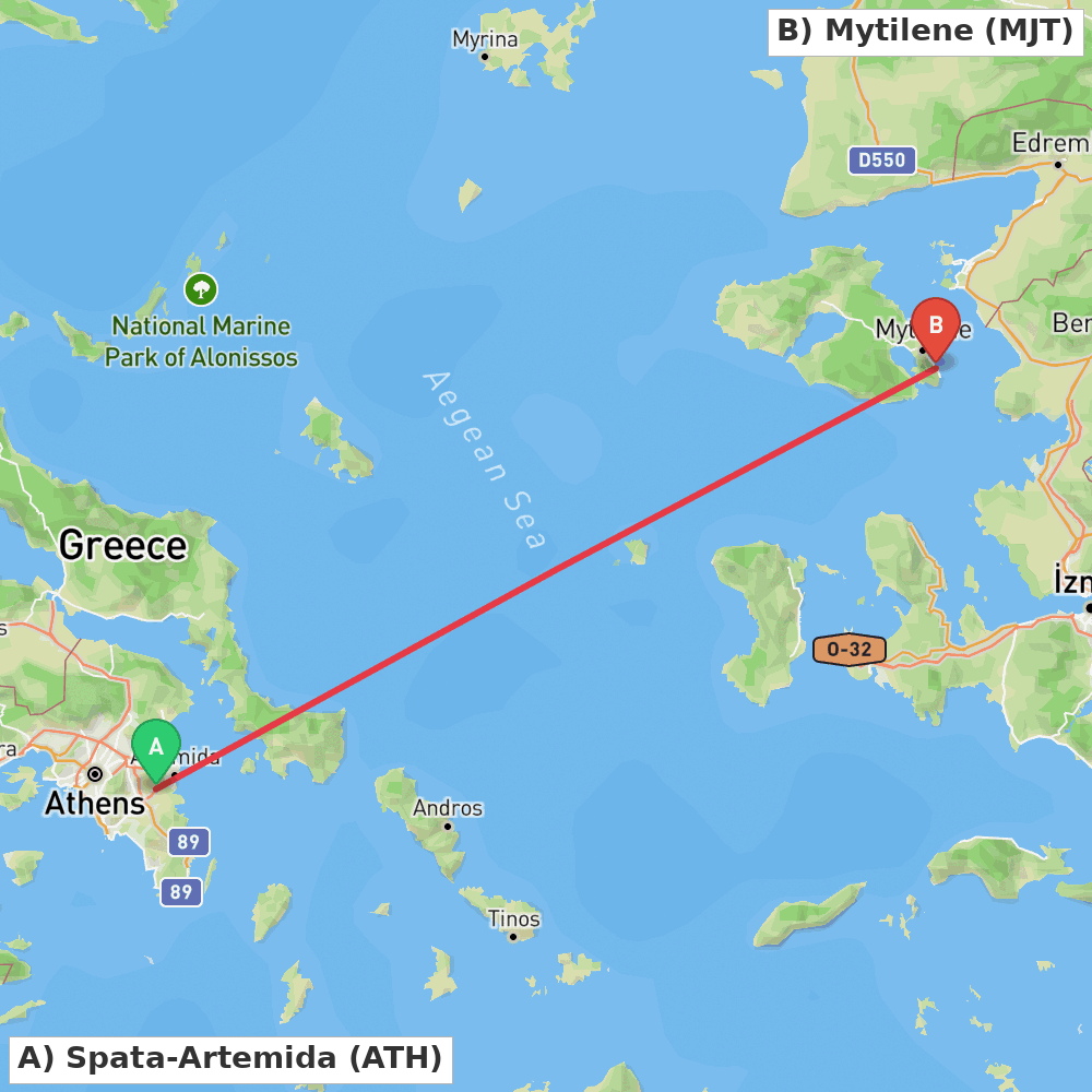 Flight route map from Spata-Artemida to Mytilene