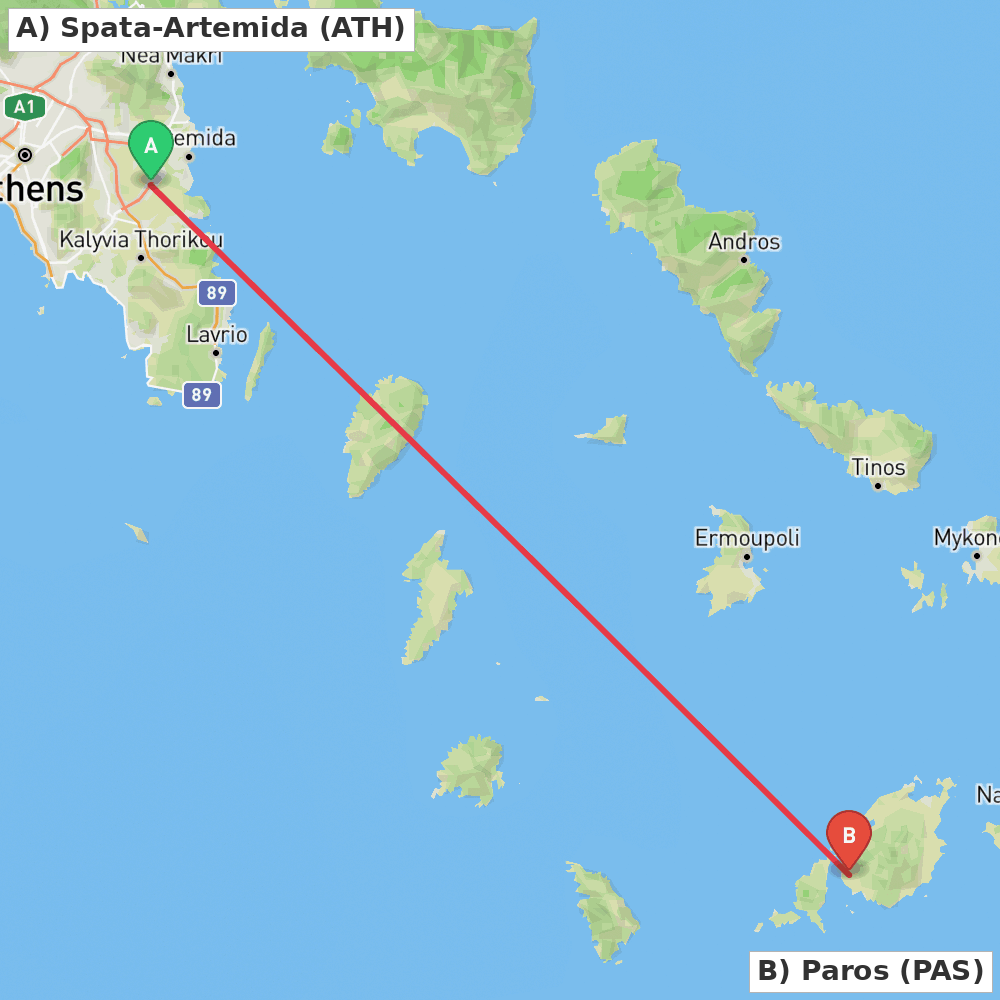 Flight route map from Spata-Artemida to Paros