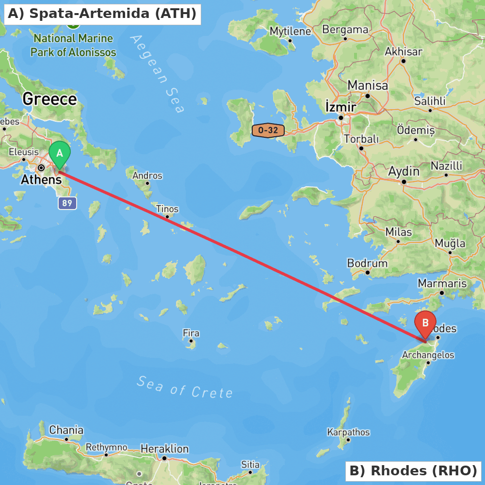Flight route map from Spata-Artemida to Rhodes