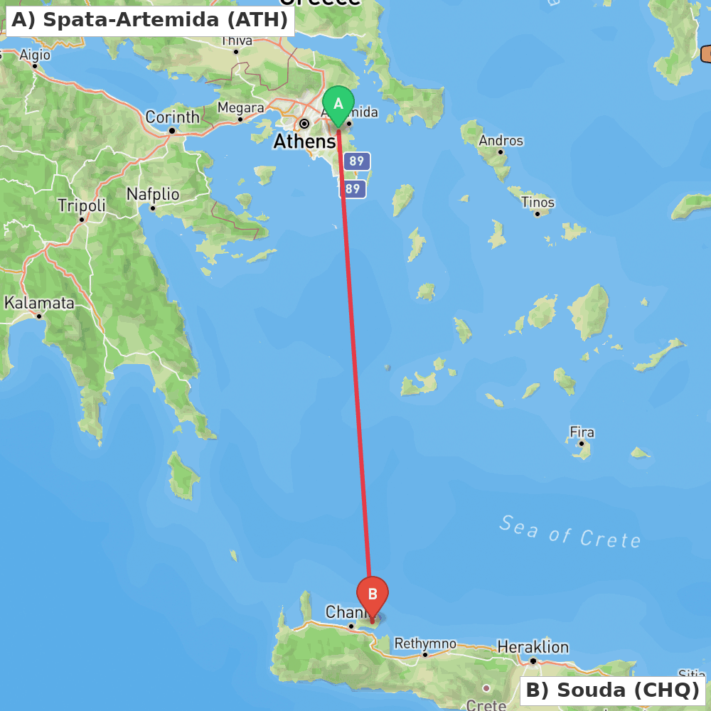 Flight route map from Spata-Artemida to Souda