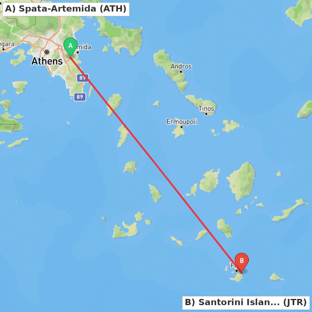 Flight route map from Spata-Artemida to Santorini Island