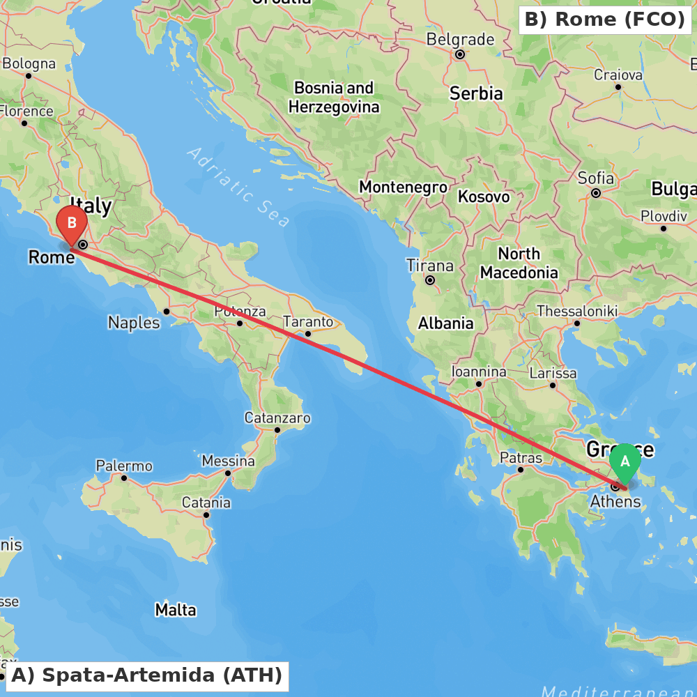 Flight route map from Spata-Artemida to Rome