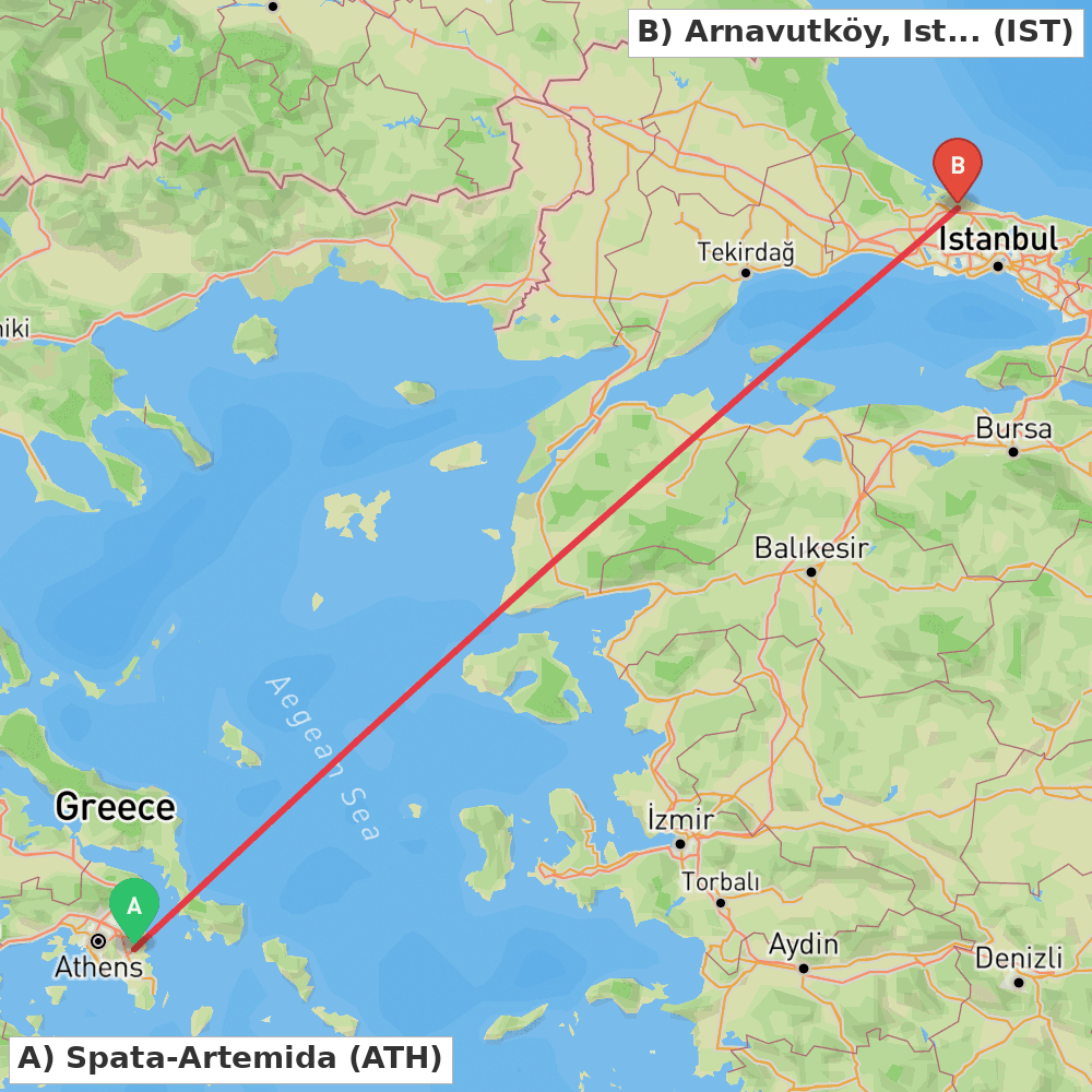 Flight route map from Spata-Artemida to Arnavutköy, Istanbul