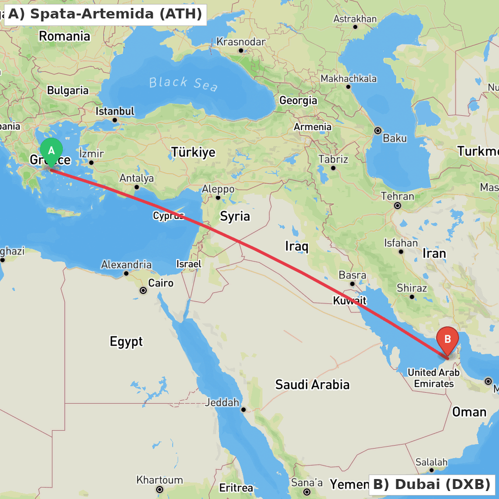 Flight route map from Spata-Artemida to Dubai