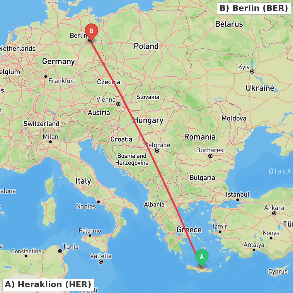 Flight route map from Heraklion to Berlin