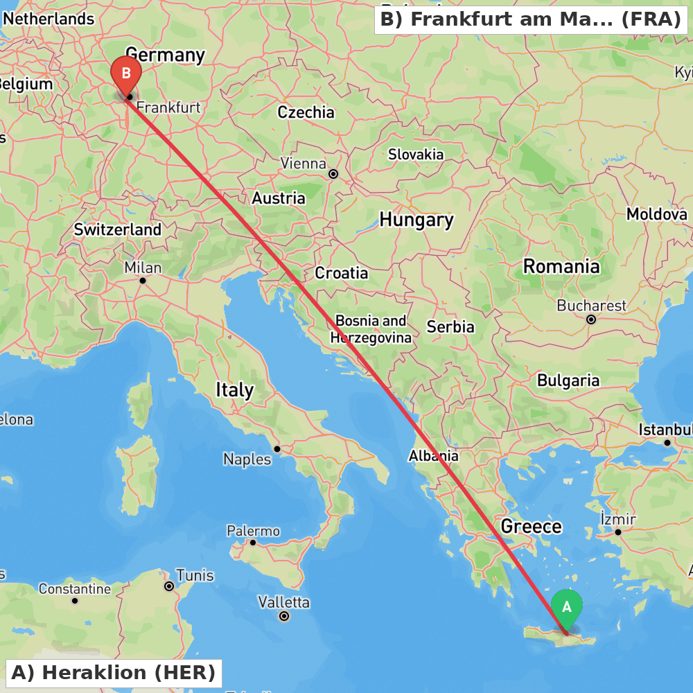 Flight route map from Heraklion to Frankfurt am Main