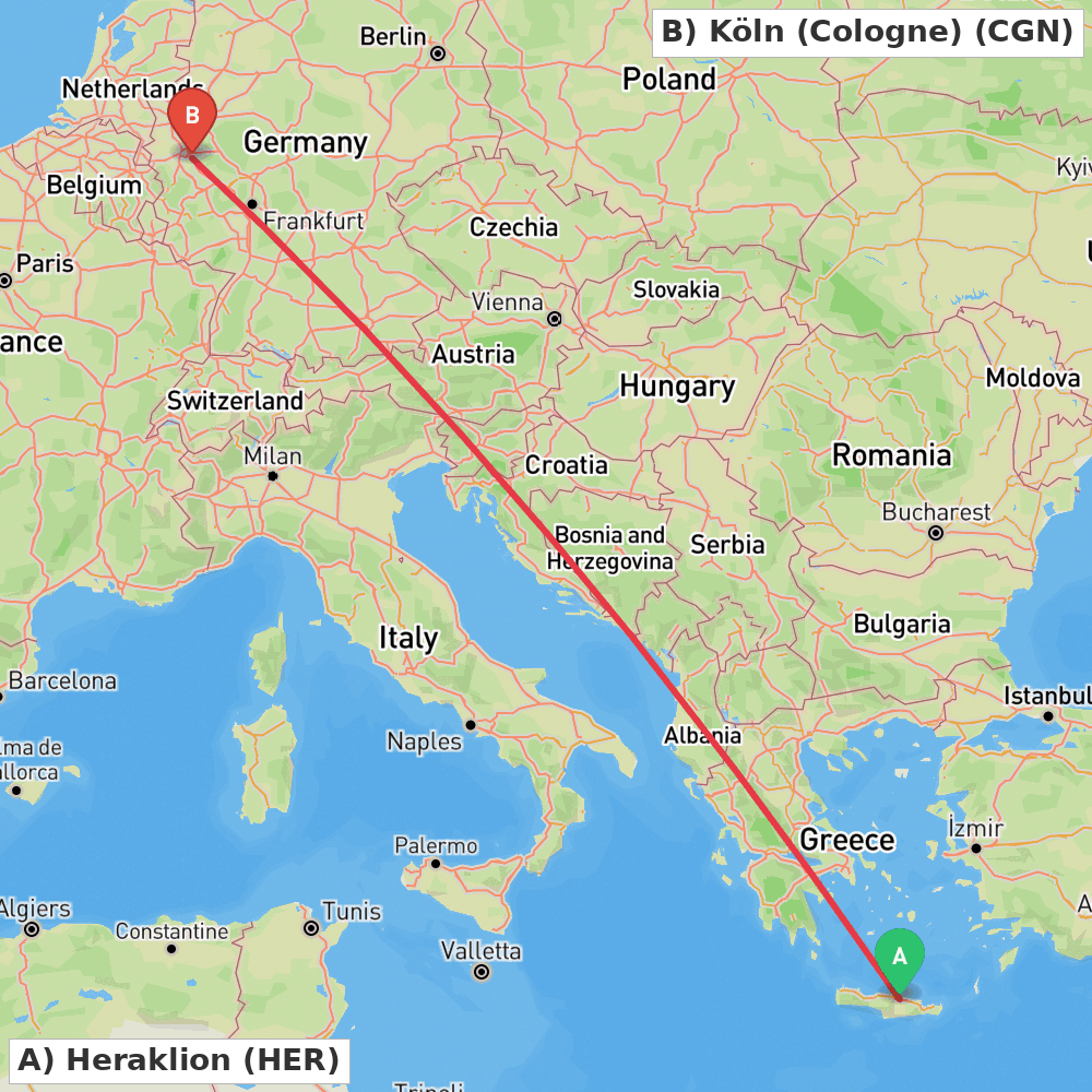 Flight route map from Heraklion to Köln (Cologne)
