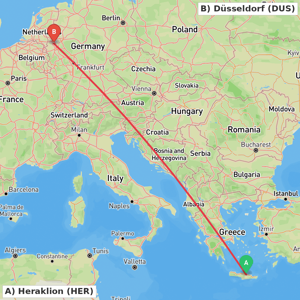 Flight route map from Heraklion to Düsseldorf