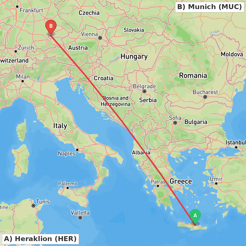 Flight route map from Heraklion to Munich
