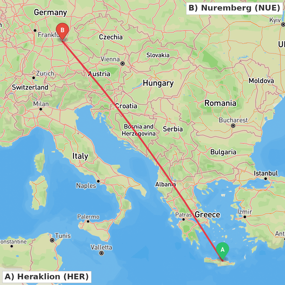 Flight route map from Heraklion to Nuremberg